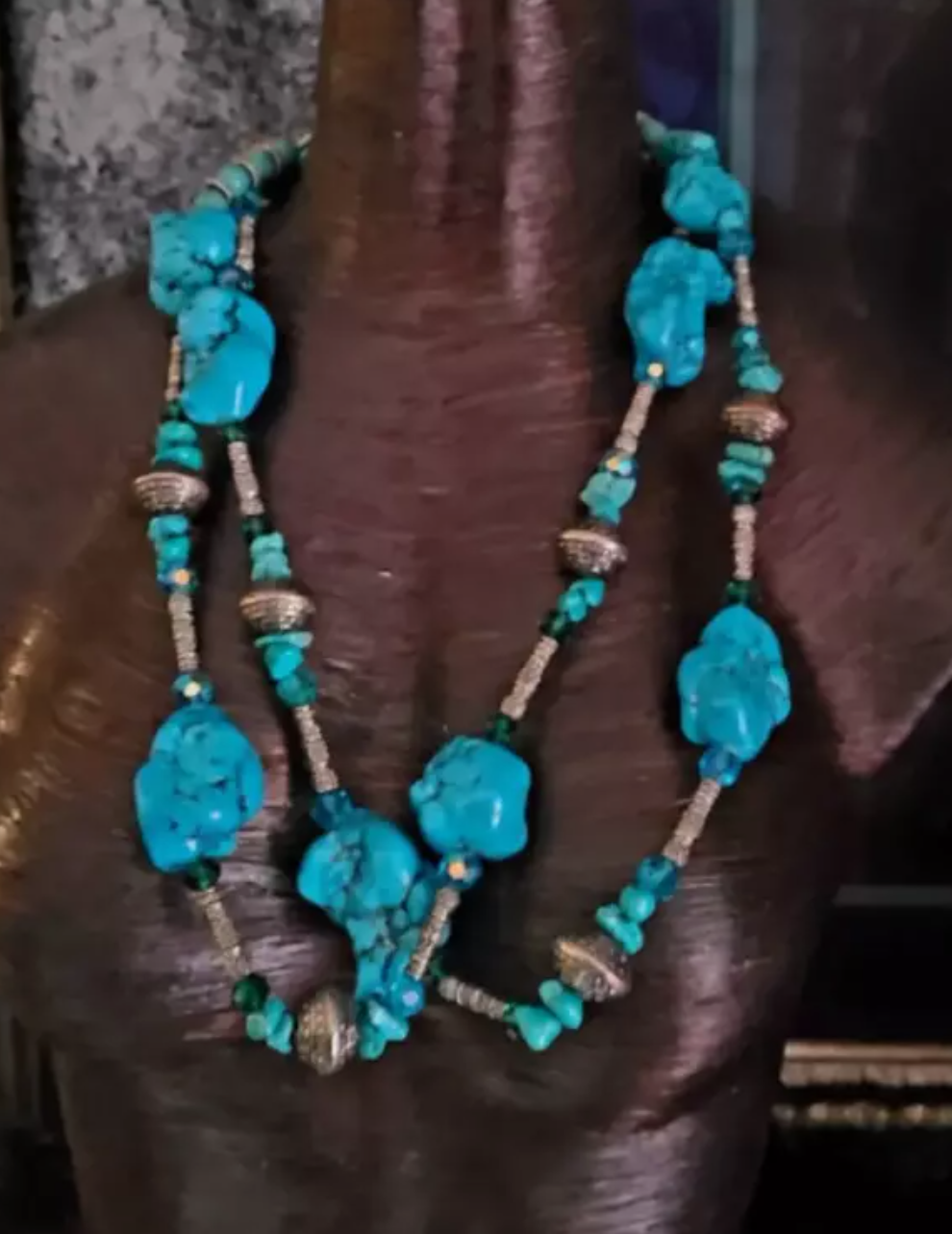 Blue Magnesite Nugget Western Style Rope Necklace - Faux Turquoise & Crystal 58" Gemstone Opera Length Necklace - Cowgirl Style Versatile Chest Piece - Kat Kouture Jewelry