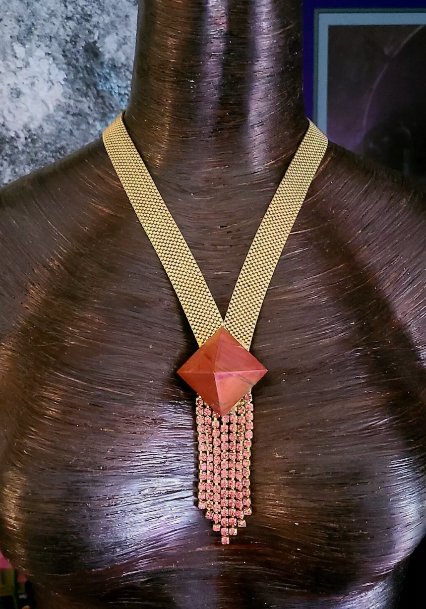 Rose Gold Pyramid Art Deco Mesh Necklace - Egyptian Revival Artisan Chest Piece - Jewelry for Petite Women - Kat Kouture Jewelry