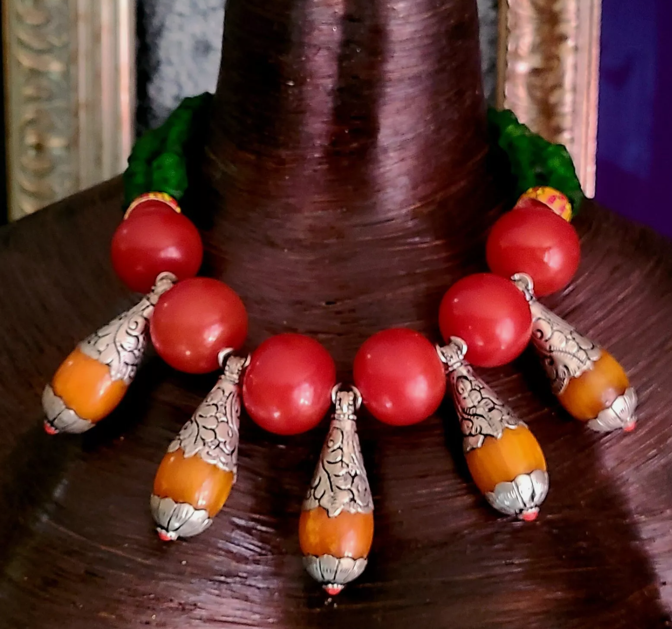 Red Orange & Green Tribal Haute Couture Statement Necklace - Rare Scarce Tibetan Teardrop Ethnic Neck Candy - Oversized Ethnic Beaded Choker - Kat Kouture Jewelry