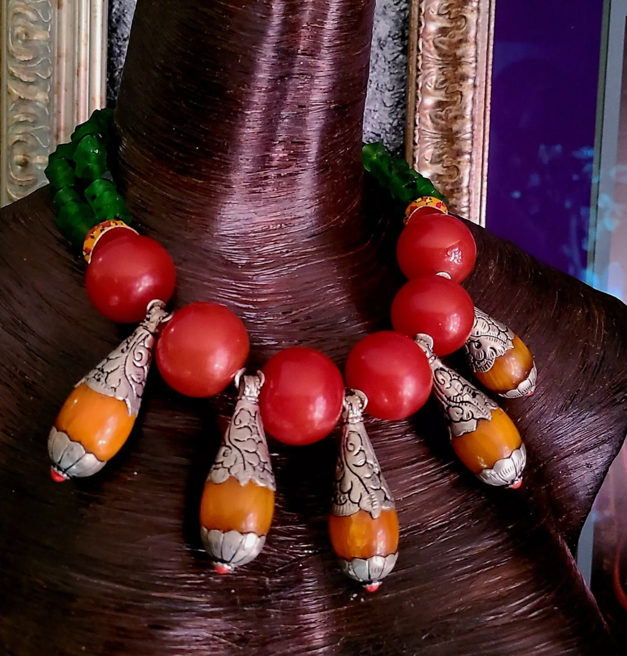 Red Orange & Green Tribal Haute Couture Statement Necklace - Rare Scarce Tibetan Teardrop Ethnic Neck Candy - Oversized Ethnic Beaded Choker - Kat Kouture Jewelry