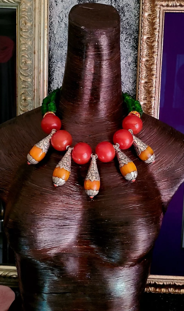 Red Orange & Green Tribal Haute Couture Statement Necklace - Rare Scarce Tibetan Teardrop Ethnic Neck Candy - Oversized Ethnic Beaded Choker - Kat Kouture Jewelry