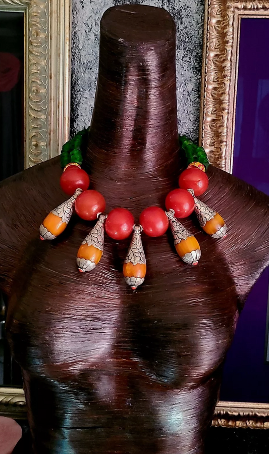 Red Orange Green Tribal Beaded Statement Necklace - Boho