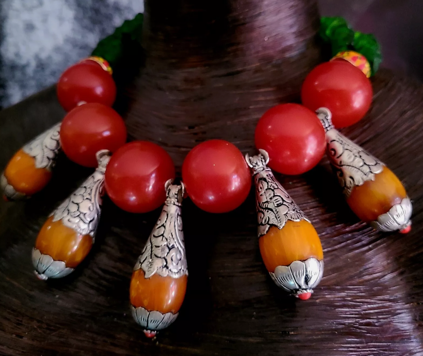 Red Orange & Green Tribal Haute Couture Statement Necklace - Rare Scarce Tibetan Teardrop Ethnic Neck Candy - Oversized Ethnic Beaded Choker - Kat Kouture Jewelry