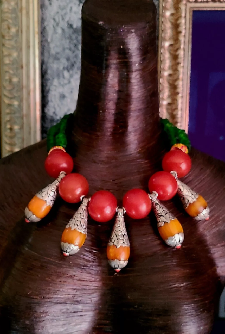 Red Orange & Green Tribal Haute Couture Statement Necklace - Rare Scarce Tibetan Teardrop Ethnic Neck Candy - Oversized Ethnic Beaded Choker - Kat Kouture Jewelry