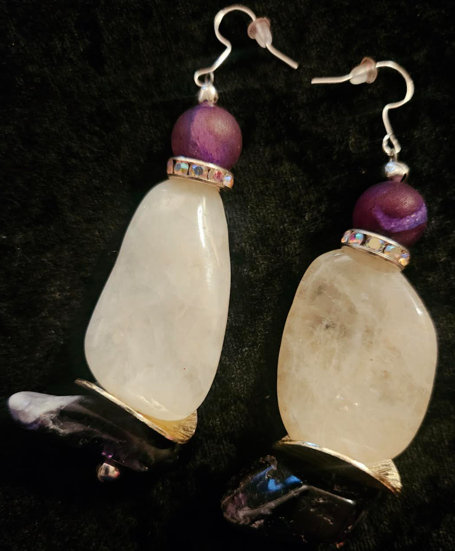 Polished White Agate & Chevron Amethyst Dangle Pierced Earrings - Purple and White Gemstone Ear Candy - Ear Candy for Business - Kat Kouture Jewelry