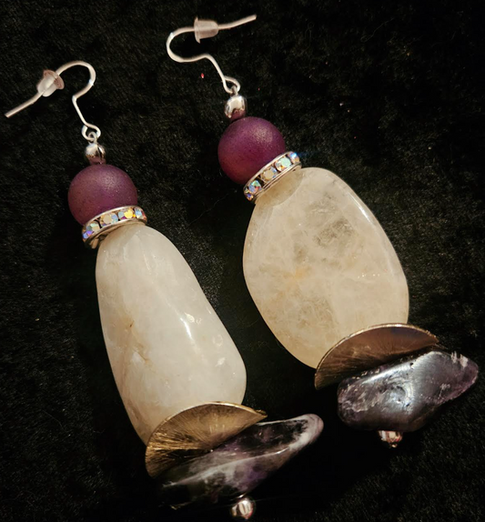 Polished White Agate & Chevron Amethyst Dangle Pierced Earrings - Purple and White Gemstone Ear Candy - Ear Candy for Business - Kat Kouture Jewelry