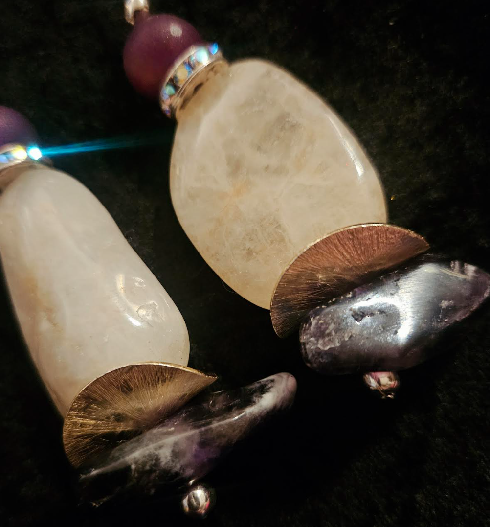 Polished White Agate & Chevron Amethyst Dangle Pierced Earrings - Purple and White Gemstone Ear Candy - Ear Candy for Business - Kat Kouture Jewelry