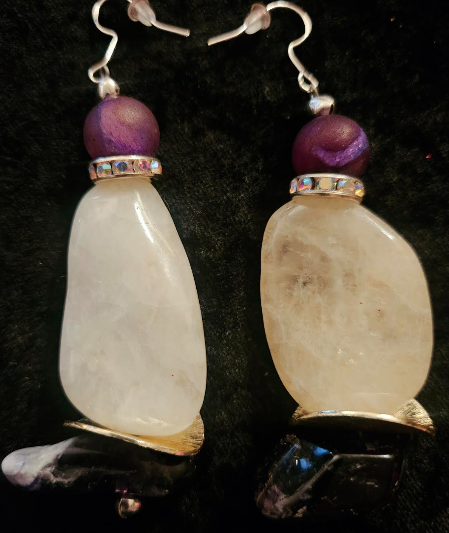 Polished White Agate & Chevron Amethyst Dangle Pierced Earrings - Purple and White Gemstone Ear Candy - Ear Candy for Business - Kat Kouture Jewelry