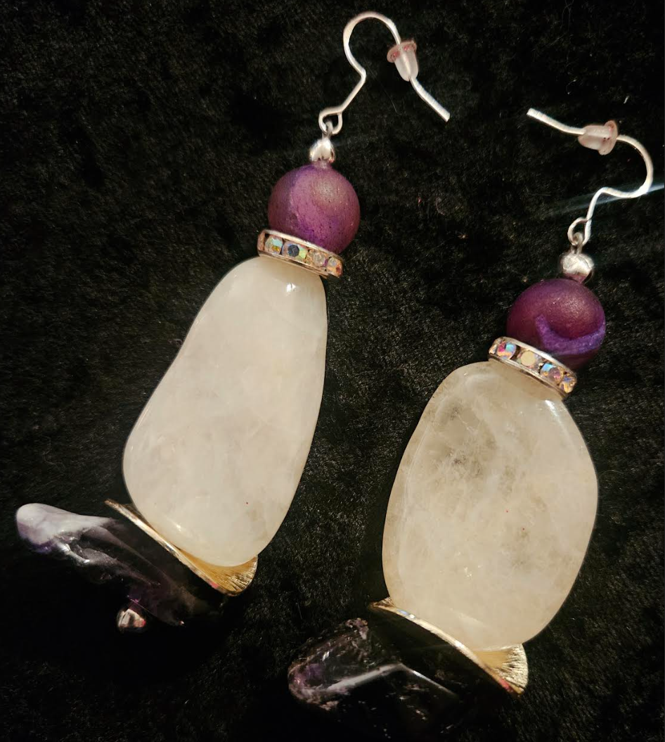 Polished White Agate & Chevron Amethyst Dangle Pierced Earrings - Purple and White Gemstone Ear Candy - Ear Candy for Business - Kat Kouture Jewelry