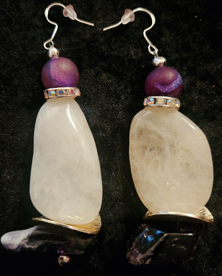 Polished White Agate & Chevron Amethyst Dangle Pierced Earrings - Purple and White Gemstone Ear Candy - Ear Candy for Business - Kat Kouture Jewelry