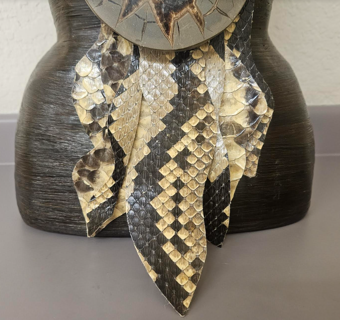 Septarian Slab Sculpted Pendant with Crocodile Fringe - Earth Tone Dragon's Slice Chest Piece With Cotton Rope - Men's Avant Garde Haute Couture Talisman - Kat Kouture Jewelry - Lagenlook Accessory