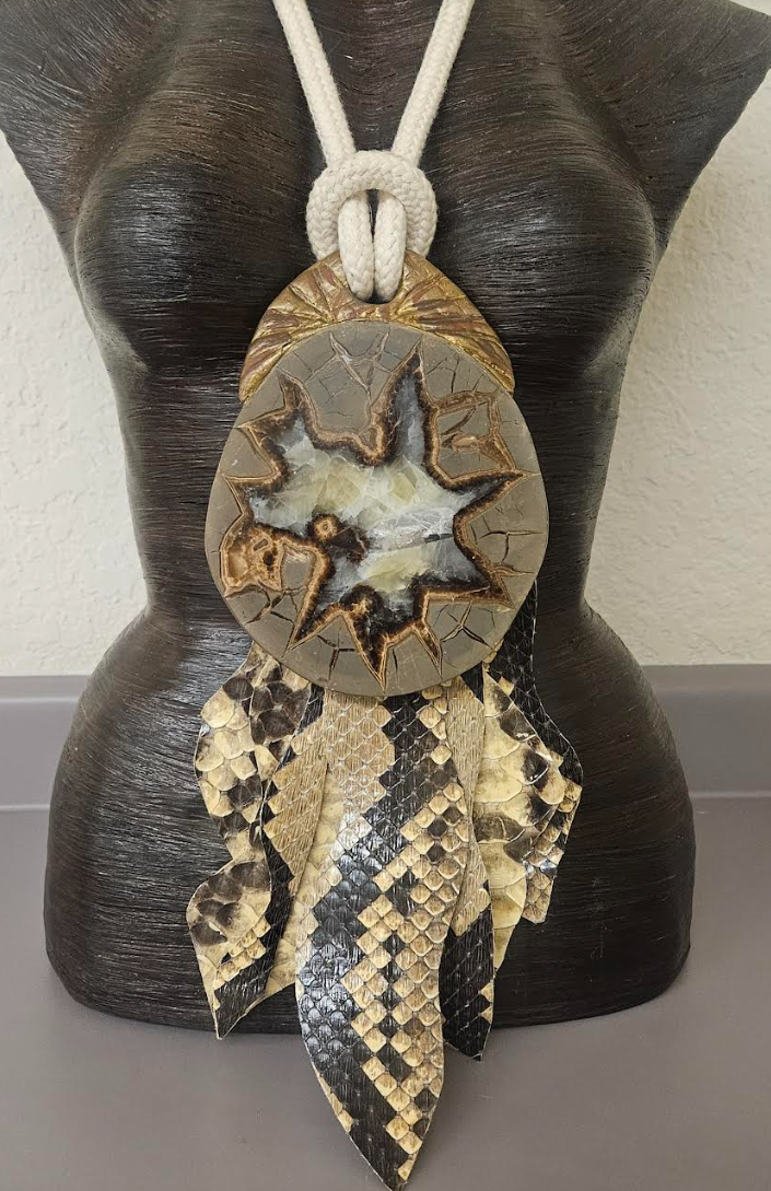 Septarian Slab Sculpted Pendant with Crocodile Fringe - Earth Tone Dragon's Slice Chest Piece With Cotton Rope - Men's Avant Garde Haute Couture Talisman - Kat Kouture Jewelry - Lagenlook Accessory