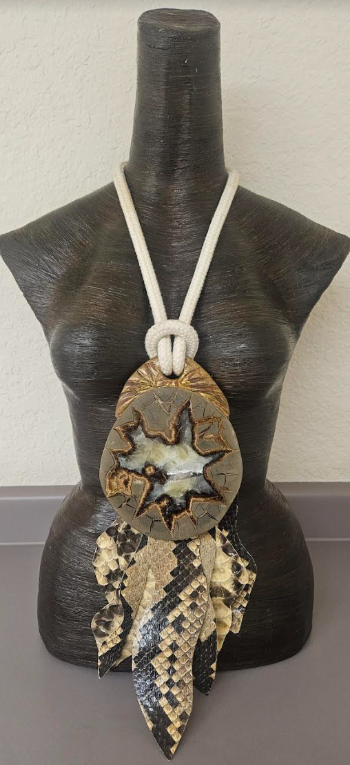 Septarian Slab Sculpted Pendant with Crocodile Fringe - Earth Tone Dragon's Slice Chest Piece With Cotton Rope - Men's Avant Garde Haute Couture Talisman - Kat Kouture Jewelry - Lagenlook Accessory