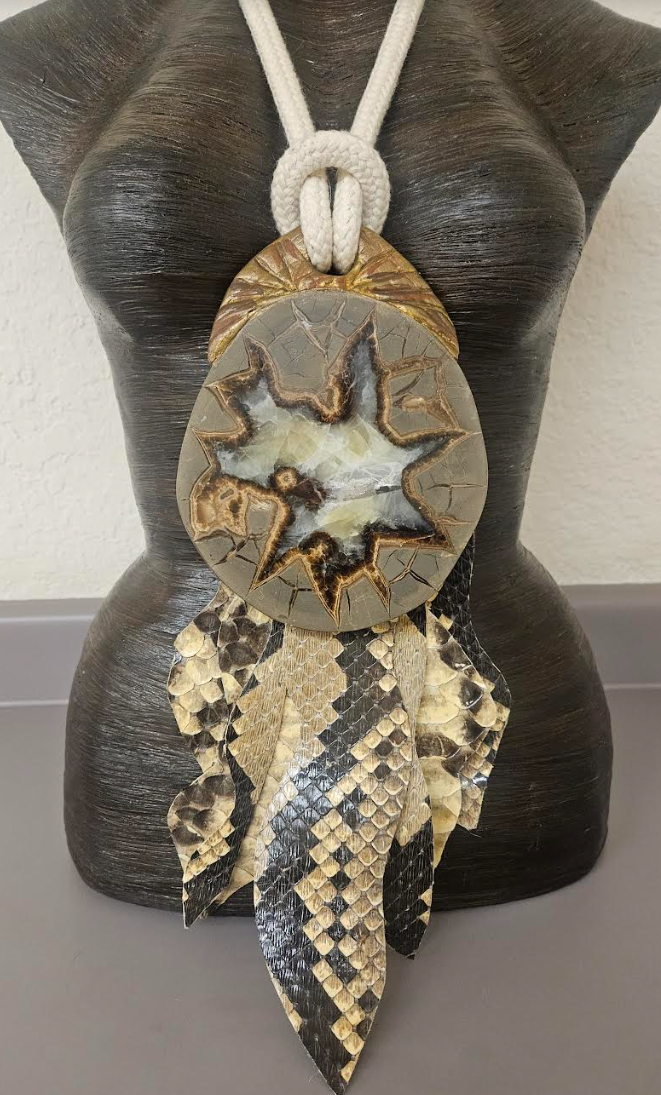 Septarian Slab Sculpted Pendant with Crocodile Fringe - Earth Tone Dragon's Slice Chest Piece With Cotton Rope - Men's Avant Garde Haute Couture Talisman - Kat Kouture Jewelry - Lagenlook Accessory