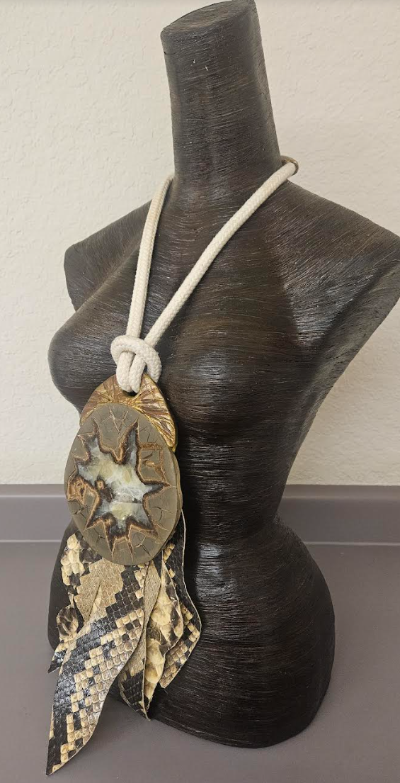 Septarian Slab Sculpted Pendant with Crocodile Fringe - Earth Tone Dragon's Slice Chest Piece With Cotton Rope - Men's Avant Garde Haute Couture Talisman - Kat Kouture Jewelry - Lagenlook Accessory