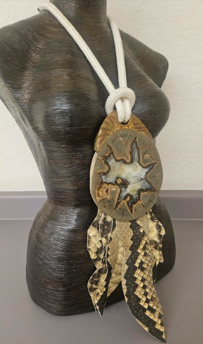 Septarian Slab Sculpted Pendant with Crocodile Fringe - Earth Tone Dragon's Slice Chest Piece With Cotton Rope - Men's Avant Garde Haute Couture Talisman - Kat Kouture Jewelry - Lagenlook Accessory