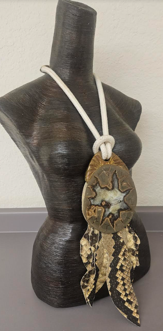 Septarian Slab Sculpted Pendant with Crocodile Fringe - Earth Tone Dragon's Slice Chest Piece With Cotton Rope - Men's Avant Garde Haute Couture Talisman - Kat Kouture Jewelry - Lagenlook Accessory