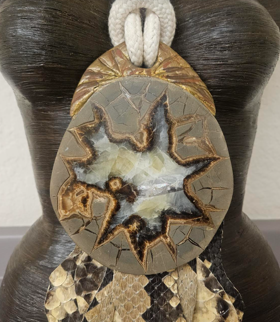 Septarian Slab Sculpted Pendant with Crocodile Fringe - Earth Tone Dragon's Slice Chest Piece With Cotton Rope - Men's Avant Garde Haute Couture Talisman - Kat Kouture Jewelry - Lagenlook Accessory