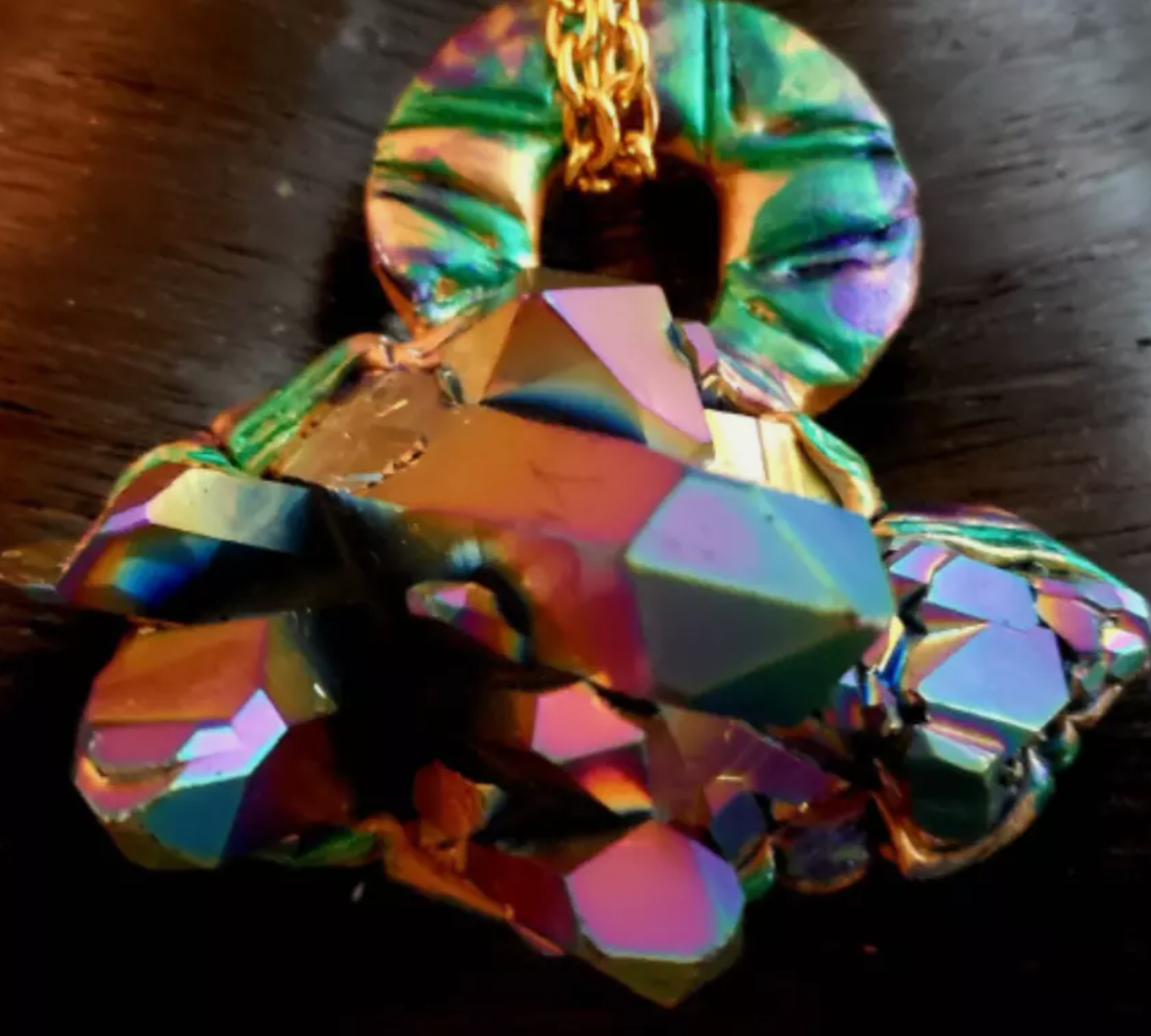 Jewel Tone Sculpted Statement Pendant - Rainbow Quartz Unisex Talisman - Titanium Quartz Pagan Amulet - Kat Kouture Jewelry