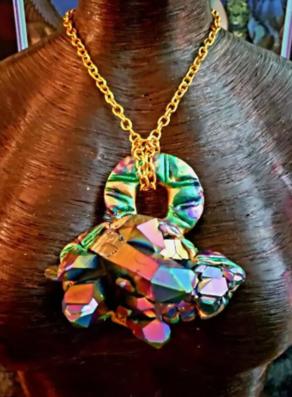 Jewel Tone Sculpted Statement Pendant - Rainbow Quartz Unisex Talisman - Titanium Quartz Pagan Amulet - Kat Kouture Jewelry