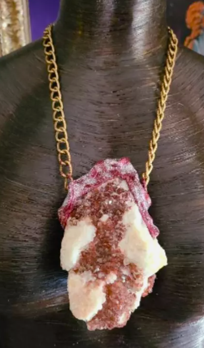 Rough Red Tourmaline Sculpted Gemstone Pendant - Men's Rustic Burgundy and White Crystal Talisman - Kat Kouture Jewelry