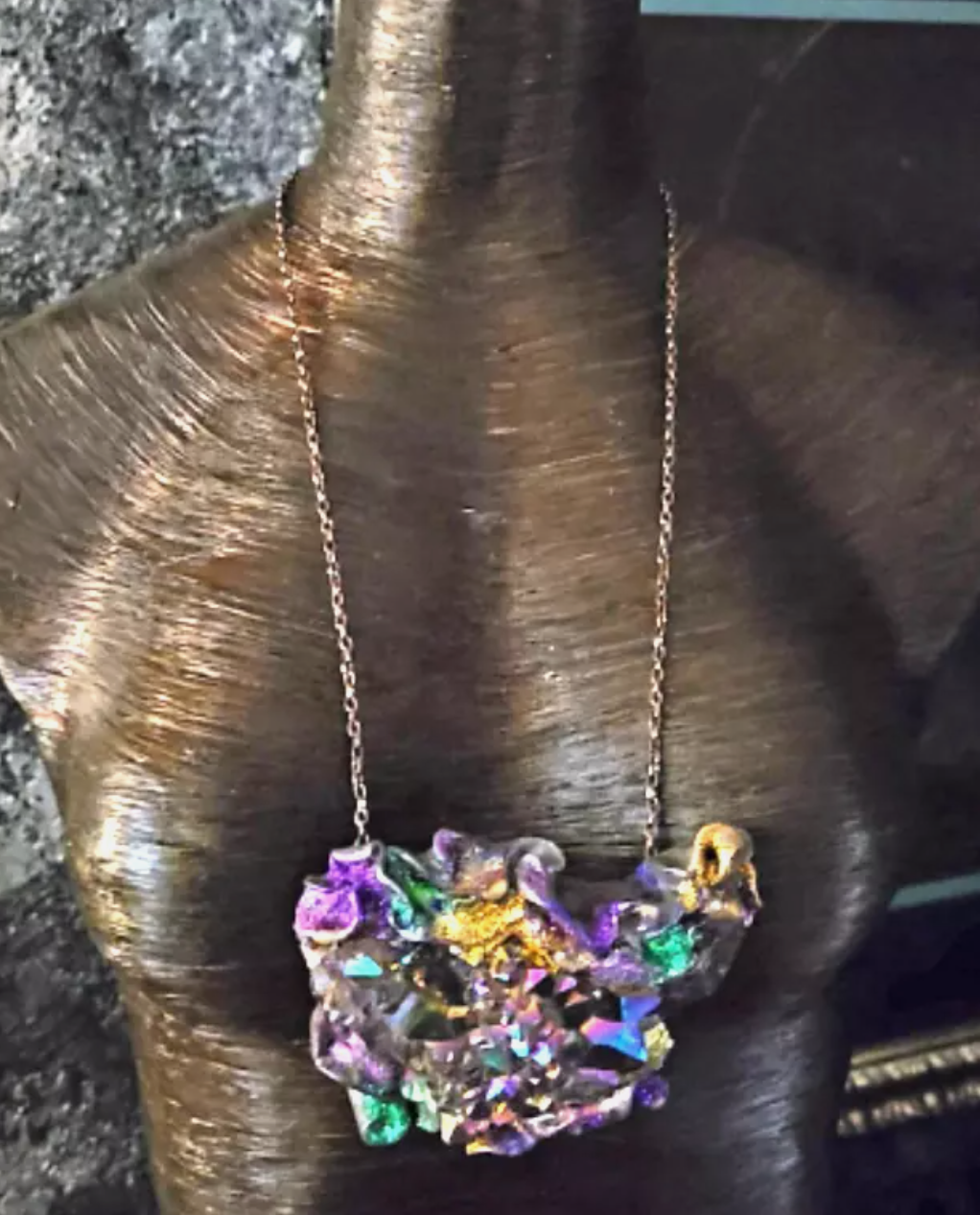 Rough Titanium Quartz Sculpted Pendant with Fine Gold Tone Chain - Rainbow Crystal Sculpted Talisman Unisex - Jewel Tone Gemstone Amulet - Kat Kouture Jewelry