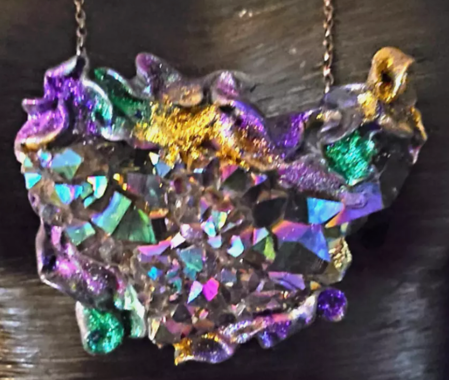 Rough Titanium Quartz Sculpted Pendant with Fine Gold Tone Chain - Rainbow Crystal Sculpted Talisman Unisex - Jewel Tone Gemstone Amulet - Kat Kouture Jewelry