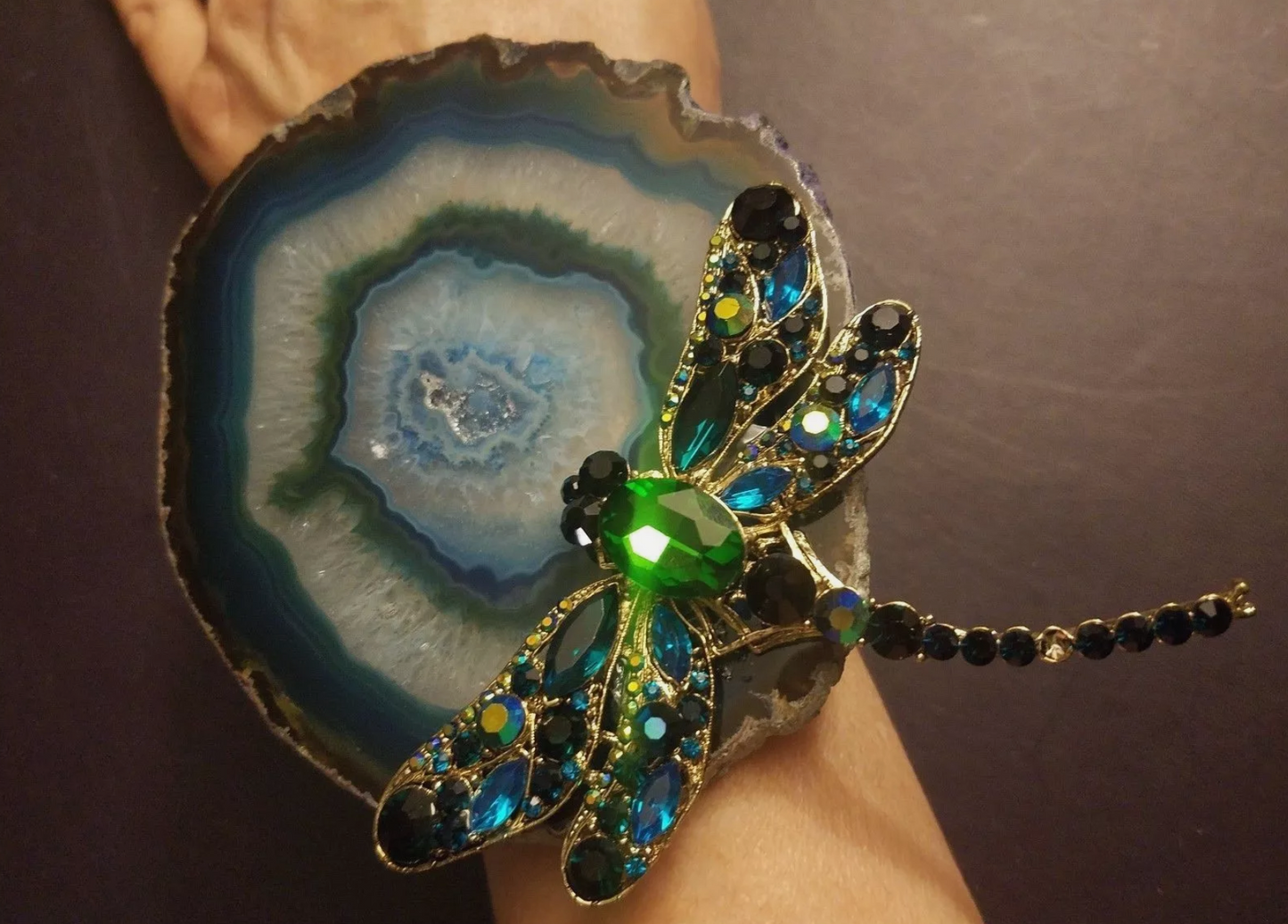 Plus Size Teal Agate & Rhinestone Dragonfly Statement Cuff - Insect Bling Gemstone Bangle for Larger Wrists - Body Positivity Bangle - Kat Kouture Jewelry