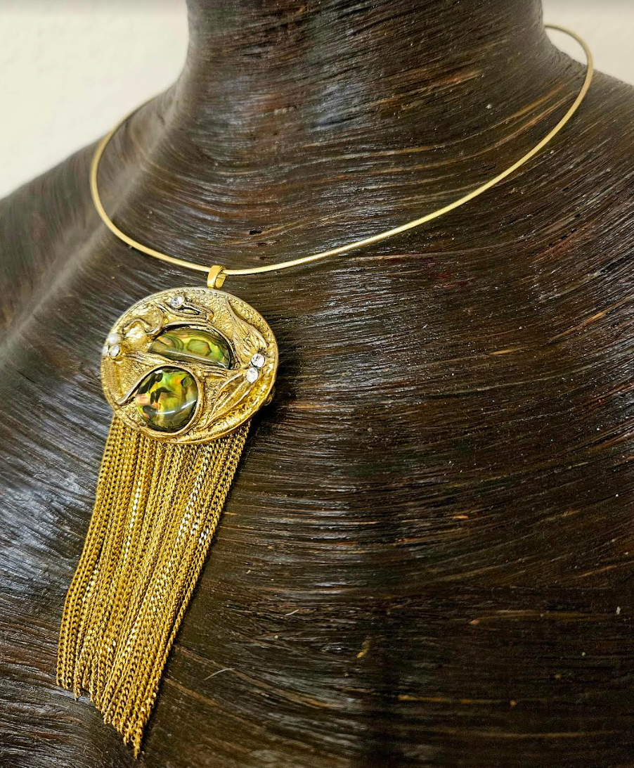 Art Deco Vintage Pendant on Wire Collar - Art Nouveau Chain Waterfall Amulet with Torc - Kat Kouture Jewelry