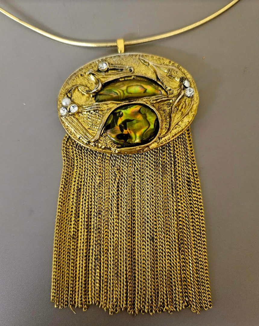 Art Deco Vintage Pendant on Wire Collar - Art Nouveau Chain Waterfall Amulet with Torc - Kat Kouture Jewelry