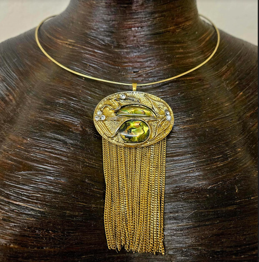 Art Deco Vintage Pendant on Wire Collar - Art Nouveau Chain Waterfall Amulet with Torc - Kat Kouture Jewelry