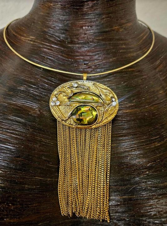 Art Deco Vintage Pendant on Wire Collar - Art Nouveau Chain Waterfall Amulet with Torc - Kat Kouture Jewelry