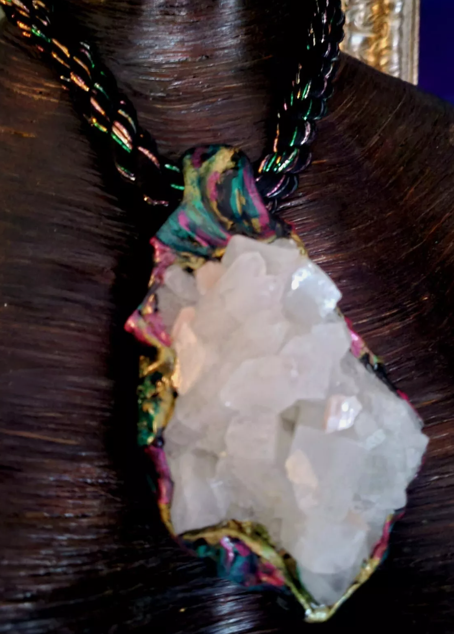 Rough Quartz Sculpted Pendant on a Black Rope - Gemmy Apophyllite Crystal Talisman for Men or Women - Kat Kouture Jewelry