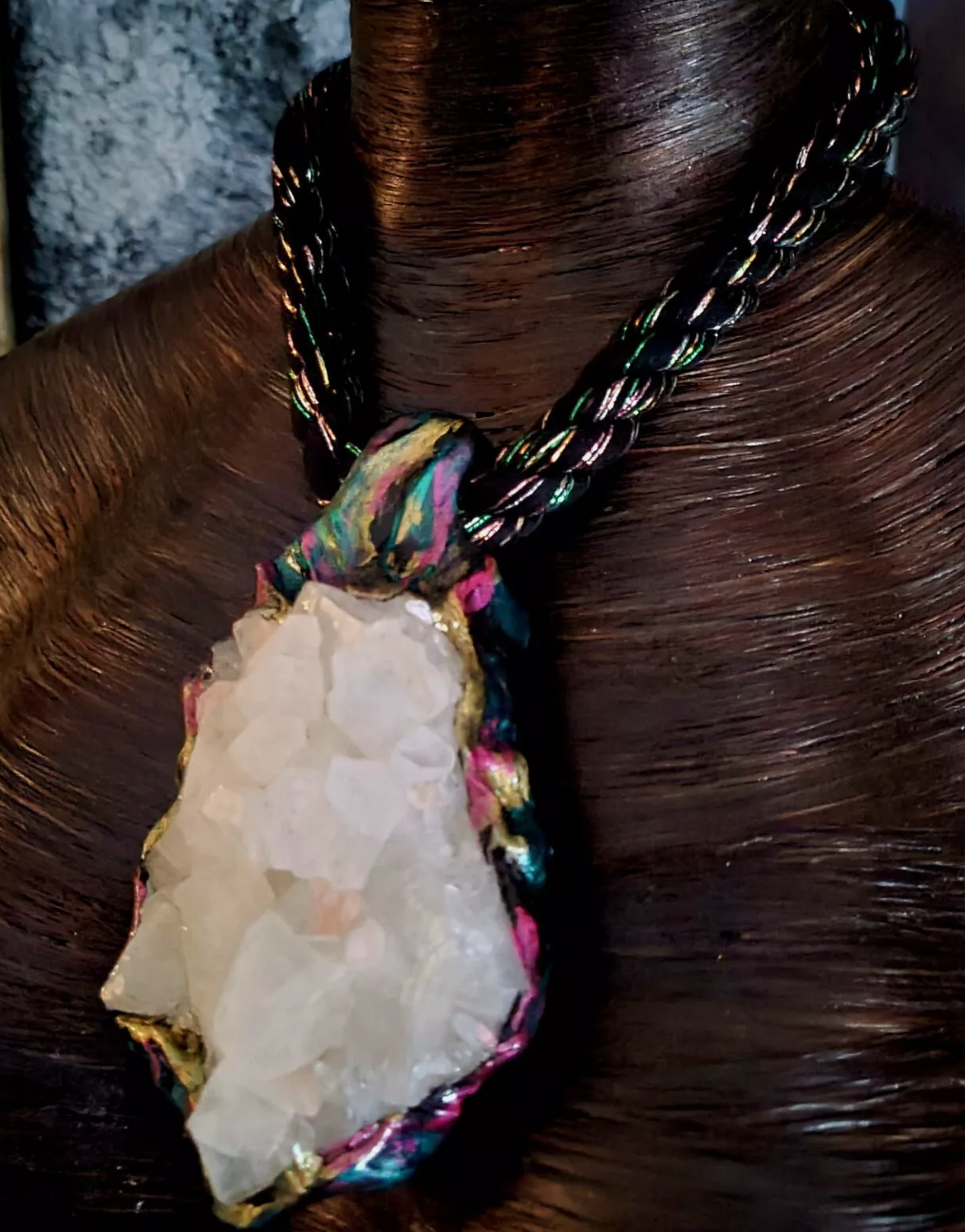 Rough Quartz Sculpted Pendant on a Black Rope - Gemmy Apophyllite Crystal Talisman for Men or Women - Kat Kouture Jewelry