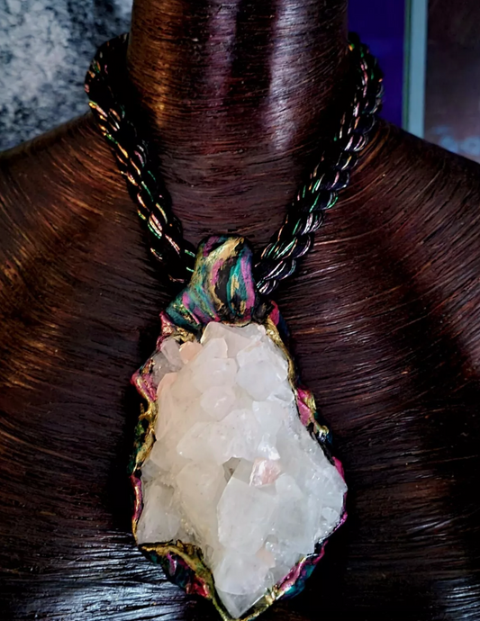 Rough Quartz Sculpted Pendant on a Black Rope - Gemmy Apophyllite Crystal Talisman for Men or Women - Kat Kouture Jewelry