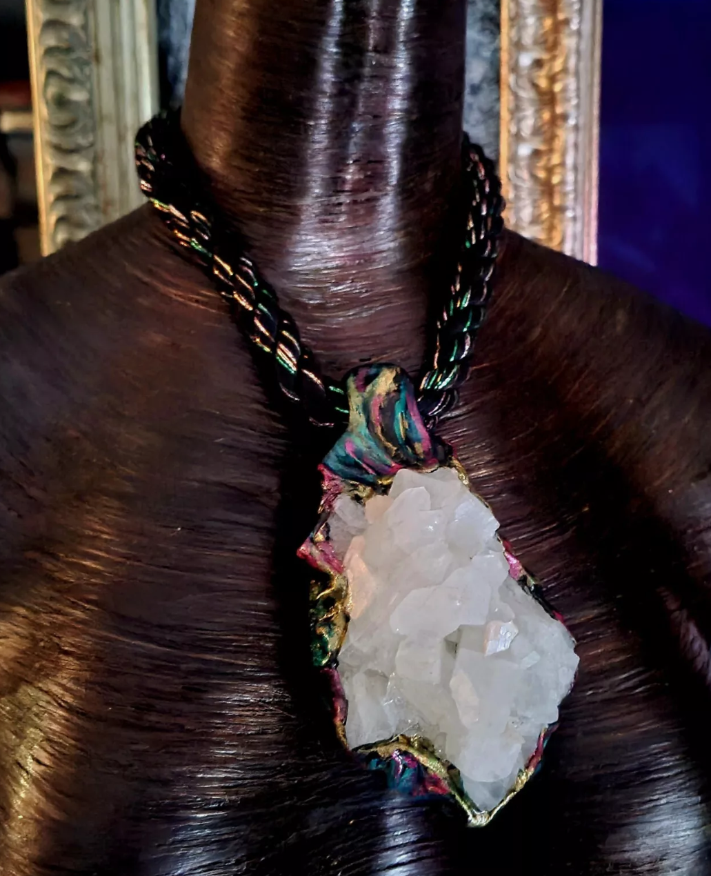 Rough Quartz Sculpted Pendant on a Black Rope - Gemmy Apophyllite Crystal Talisman for Men or Women - Kat Kouture Jewelry