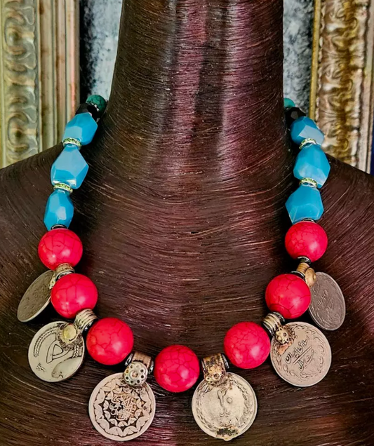 Beaded Tribal Statement Necklace with Kuchi Coins - Belly Dancer Style Neck Candy - Ethnic Necklace for Petite Women - Kat Kouture Jewelry