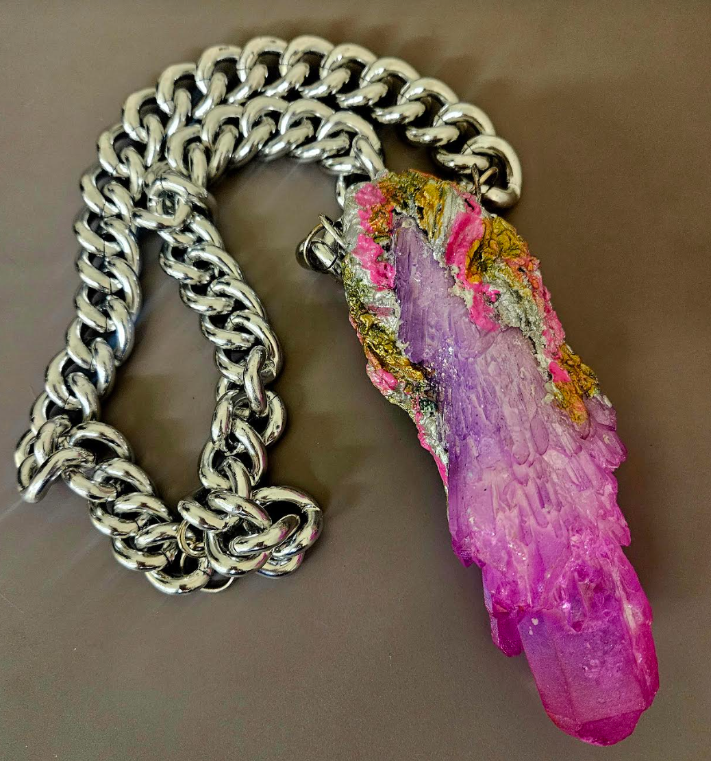 Pink & Purple Aura Record Keeper Quartz Statement Pendant with Bold Silver Chain - Raw and Rough Sculpted Amulet - Kat Kouture Jewelry