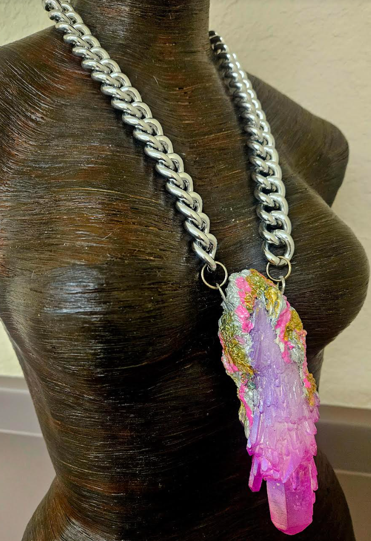 Pink & Purple Aura Record Keeper Quartz Statement Pendant with Bold Silver Chain - Raw and Rough Sculpted Amulet - Kat Kouture Jewelry