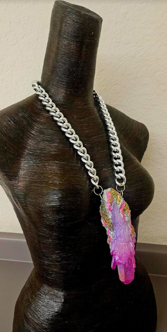 Pink & Purple Aura Record Keeper Quartz Statement Pendant with Bold Silver Chain - Raw and Rough Sculpted Amulet - Kat Kouture Jewelry