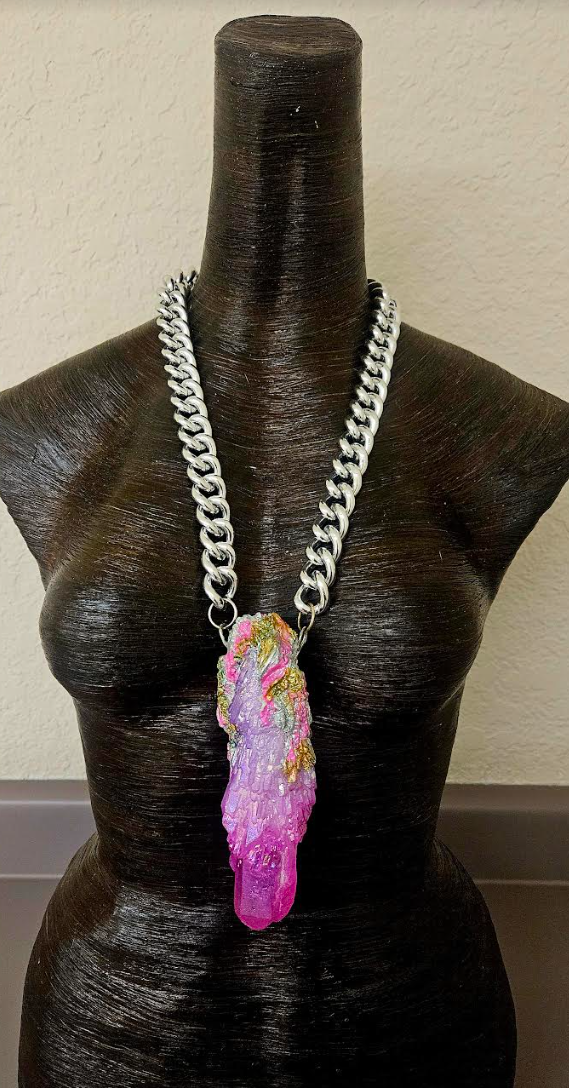 Pink & Purple Aura Record Keeper Quartz Statement Pendant with Bold Silver Chain - Raw and Rough Sculpted Amulet - Kat Kouture Jewelry