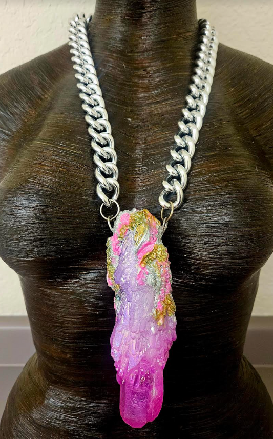 Pink & Purple Aura Record Keeper Quartz Statement Pendant with Bold Silver Chain - Raw and Rough Sculpted Amulet - Kat Kouture Jewelry