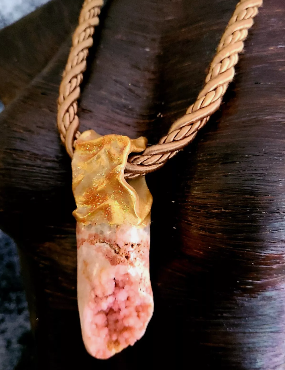 Rare Pink or Salmon Amethyst Sculpted Pendant On a Satin Rope - Feminine Druzy Crystal Amulet - Kat Kouture Jewelry