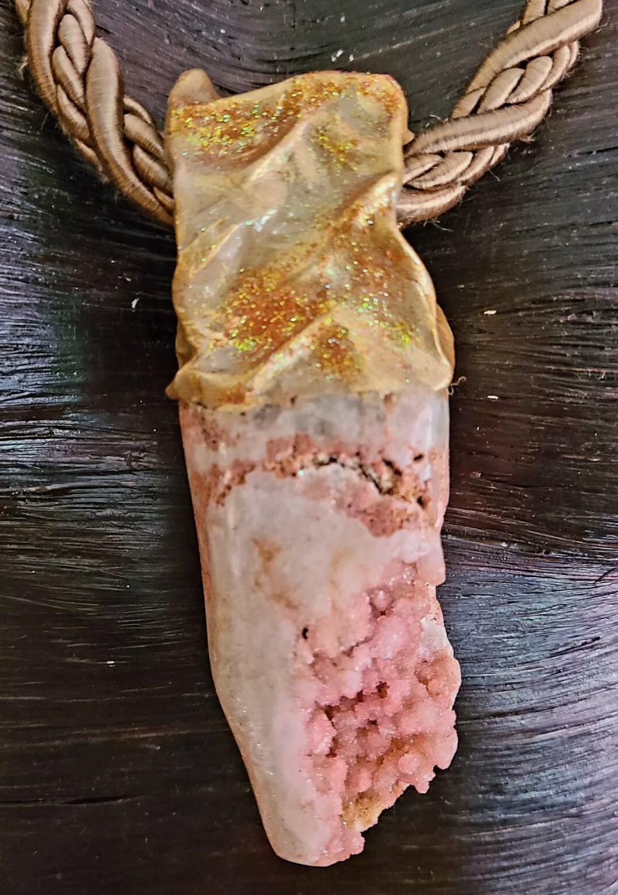 Rare Pink or Salmon Amethyst Sculpted Pendant On a Satin Rope - Feminine Druzy Crystal Amulet - Kat Kouture Jewelry