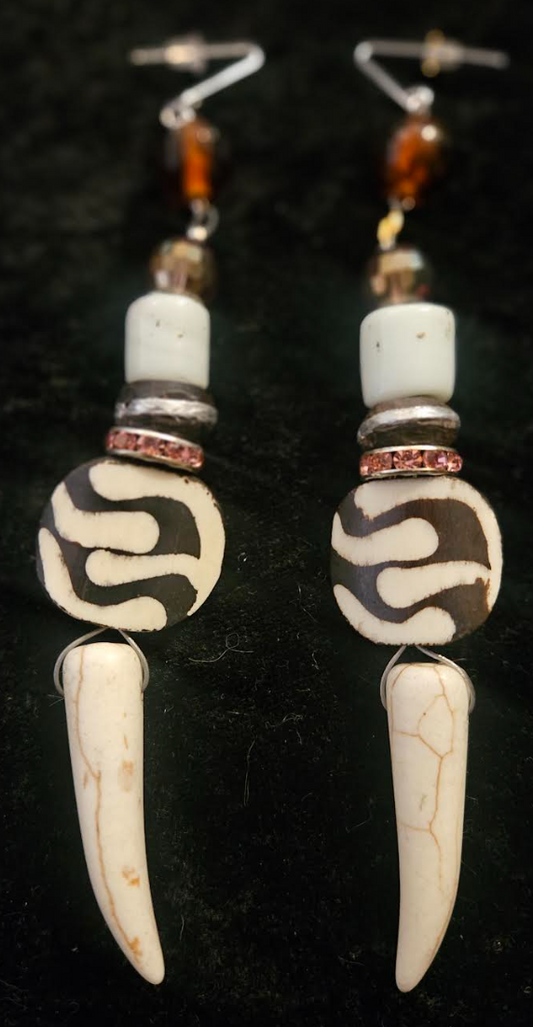 Earthy Batik Bone and Tusk Shoulder Dusters - African Inspired Wild Exotic Pierced Earrings - Amazon Goddess Ear Candy - Kat Kouture Jewelry