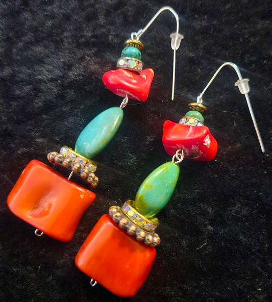 Red Coral and Turquoise Dangle Pierced Earrings - Bold & Chunky Shell and Gemstone Pierced Earrings - Kat Kouture Jewelry