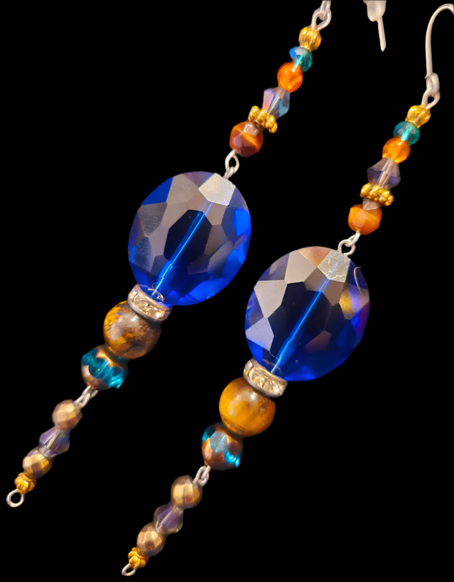 Blue and Brown Crystal Long Pierced Earrings - Lightweight Black Tie Holiday Glam Shoulder Dusters - Kat Kouture Jewelry