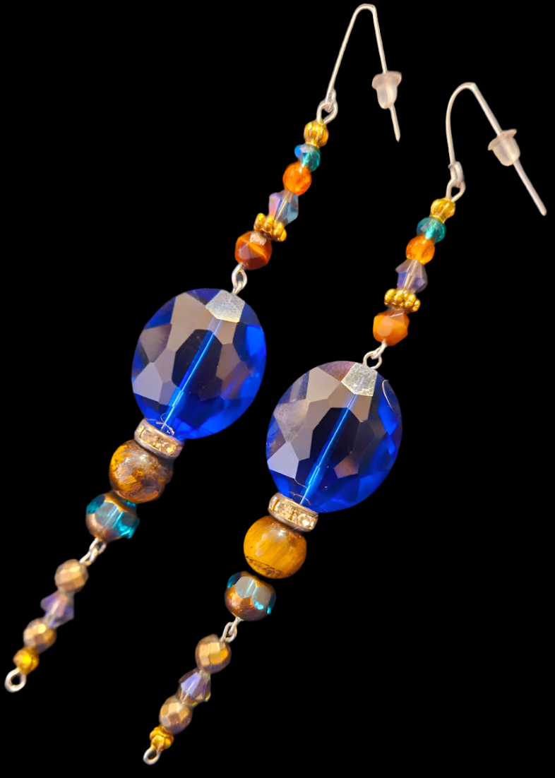 Blue and Brown Crystal Long Pierced Earrings - Lightweight Black Tie Holiday Glam Shoulder Dusters - Kat Kouture Jewelry