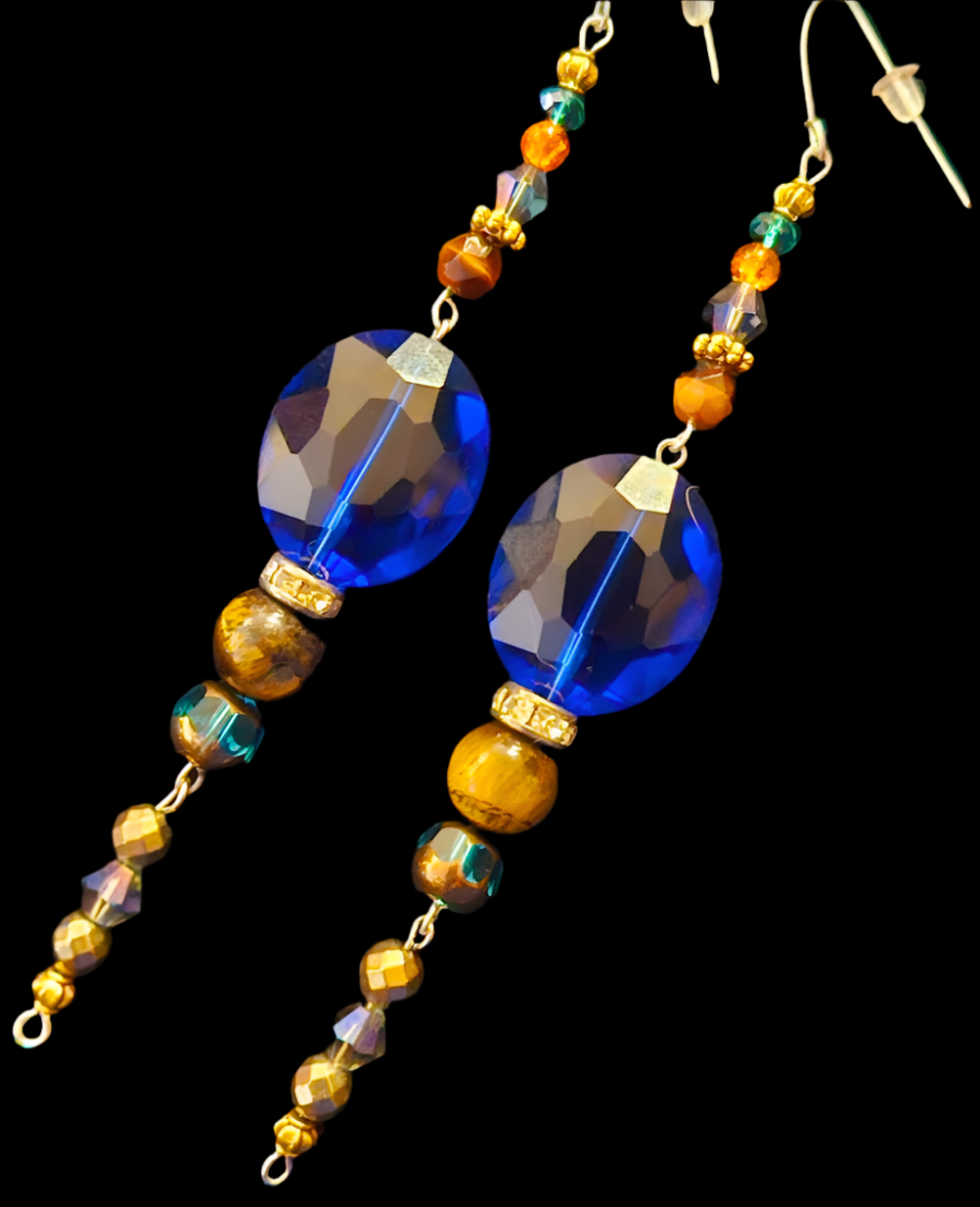 Blue and Brown Crystal Long Pierced Earrings - Lightweight Black Tie Holiday Glam Shoulder Dusters - Kat Kouture Jewelry