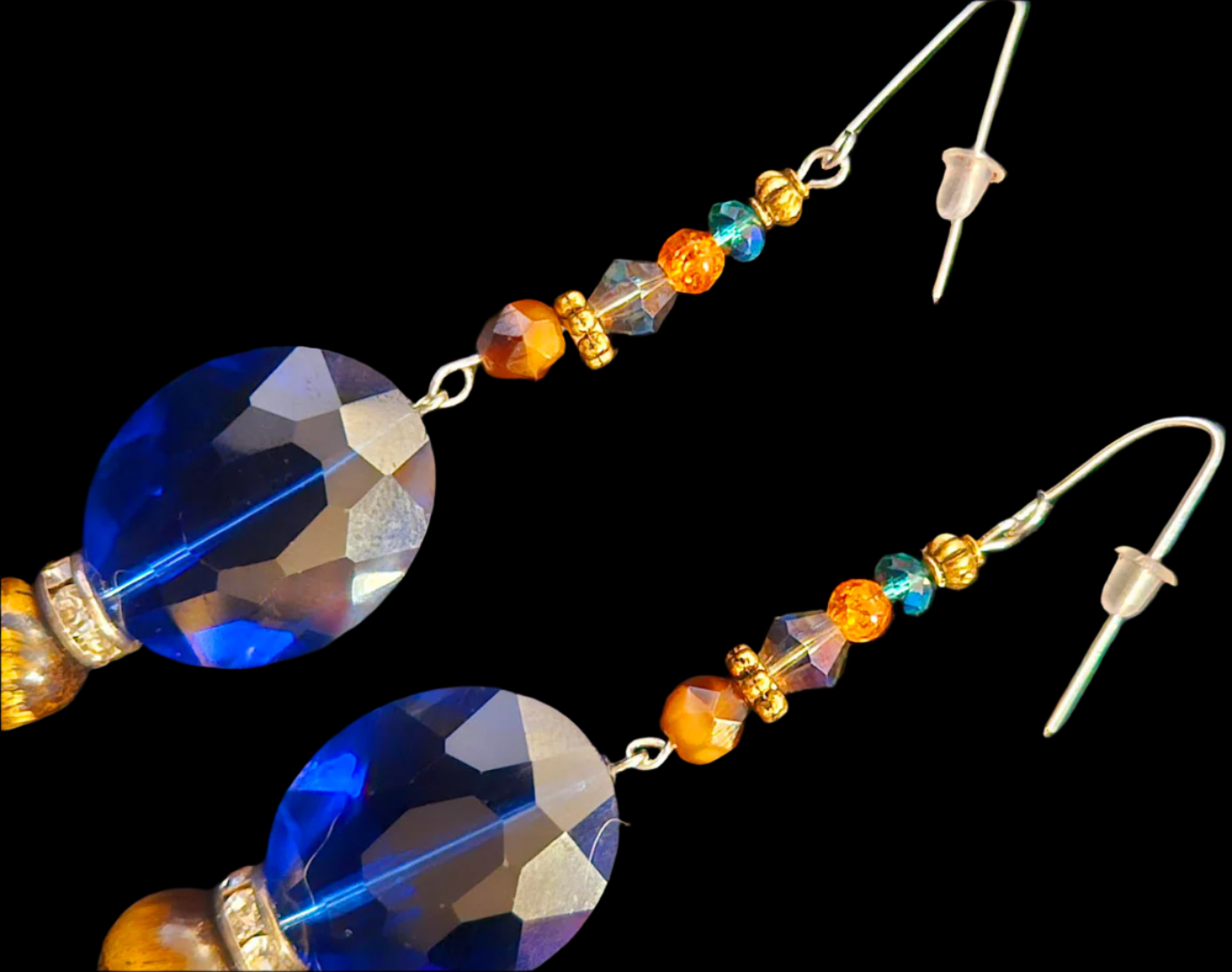 Blue and Brown Crystal Long Pierced Earrings - Lightweight Black Tie Holiday Glam Shoulder Dusters - Kat Kouture Jewelry